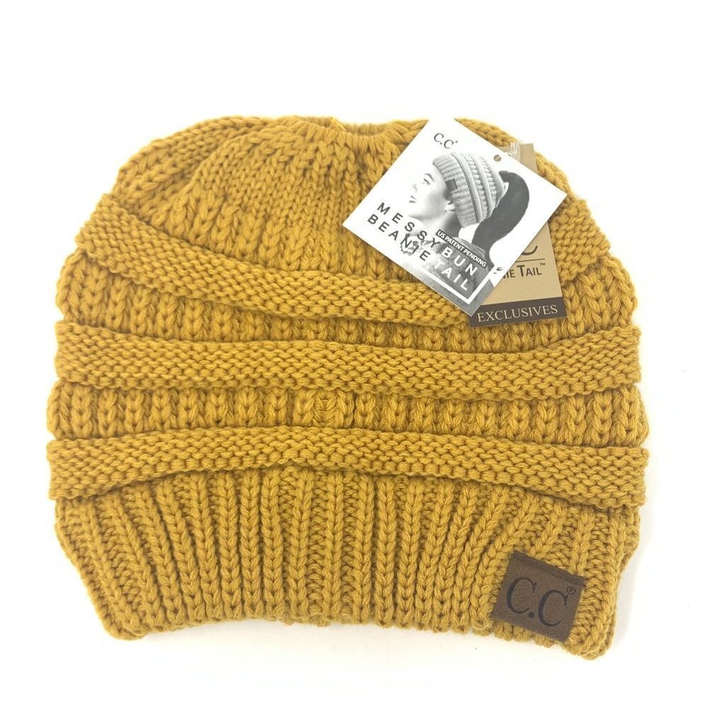 C&C Originals Messy Bun Beanie tail in mustard